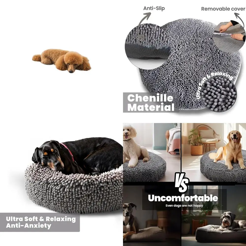 

Medium Grey Round Dog & Cat Bed, Soft Chenille, Removable Washable Cover, 35x35