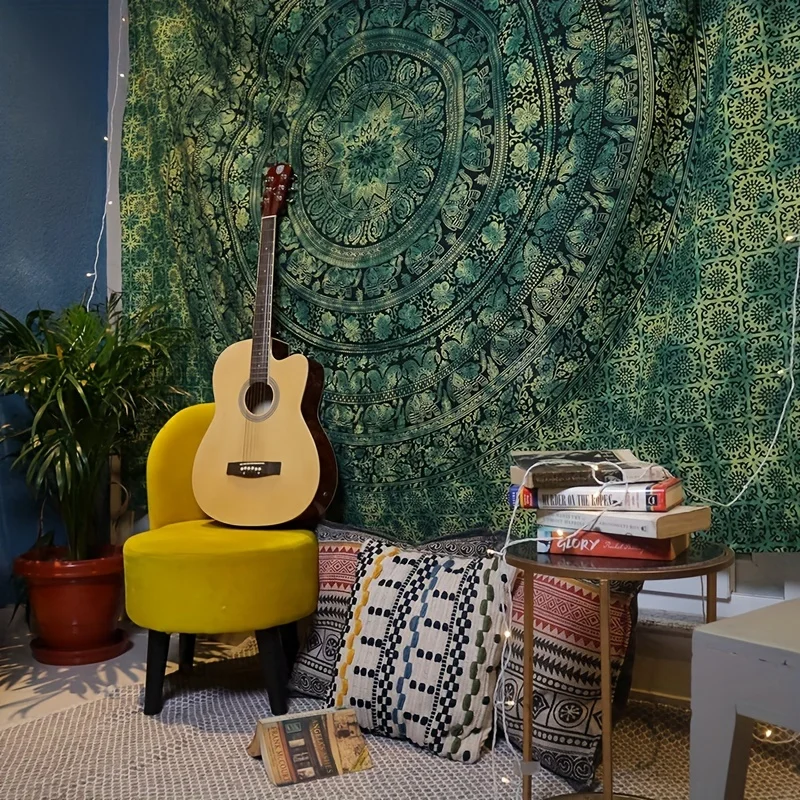 VIKAMA Grüner Böhmischer Retro-Mandala-Wandteppich für Schlafzimmer, Wohnzimmer und Studentenwohnheim, Mystischer Retro-Stil