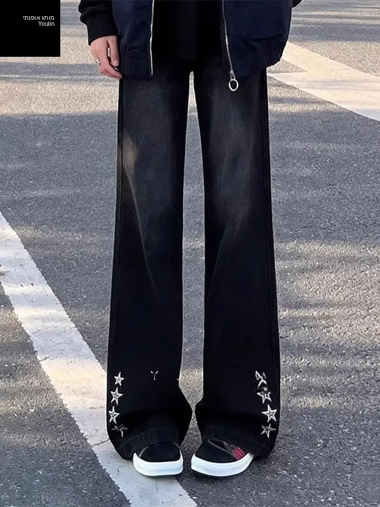 

Bla ey Embroidered Fce Lined Men's Jeans High Waist American High Street Sle Bootcut Pants Youth Casual Wear