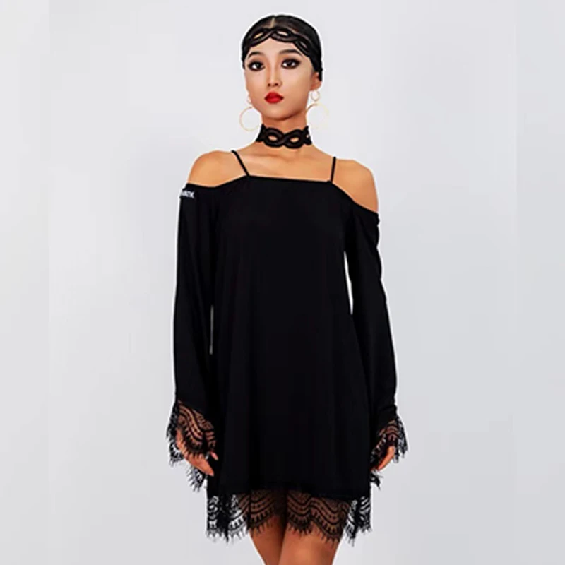2022 New Latin Dance Dress Women Black Lace Loose Practice Dress Adult Rumba Salsa Dance Costume Long SLeeves Dress DNV17031