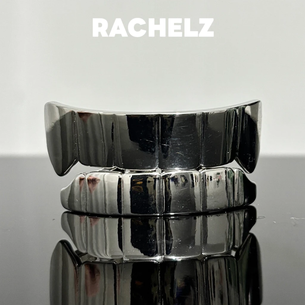 RACHELZ Hot Cyberpunk Square Glossy Tooth Grillz Braces Hip Hop Trapezoid Top Bottom Teeth Caps For Women Men Rapper Jewelry