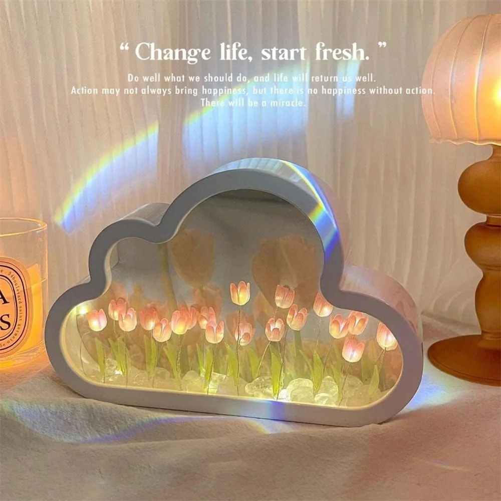 Handmade DIY Cloud Tulip Mirror Small Night Light Girl Bedroom Ornaments Creative Photo Frame Mirror Table Lamps Birthday Gift