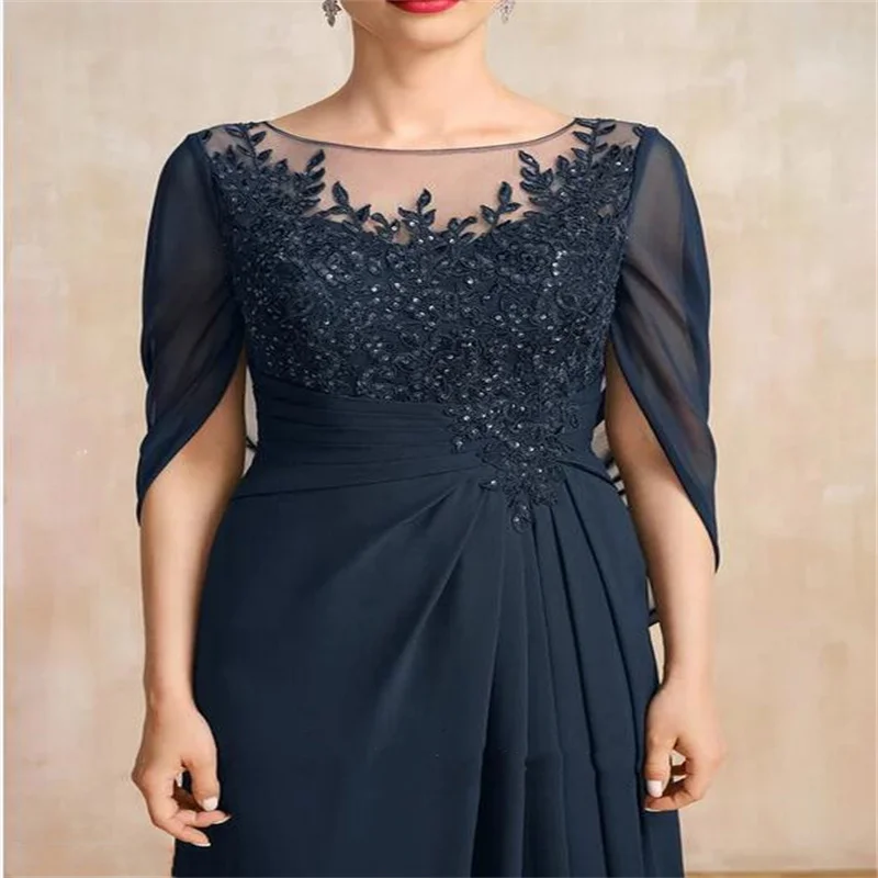 O Neck Navy Blue Sexy Dress for Mother's Evening Applique Lace Long  Elegant Bride Mom Dresses 2024 Chiffon Prom Dress with Cape