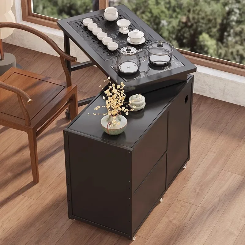Balcony household table and chair combination coffee table rotatable tea table small tea cart cabinet walnut bamboo movable tea