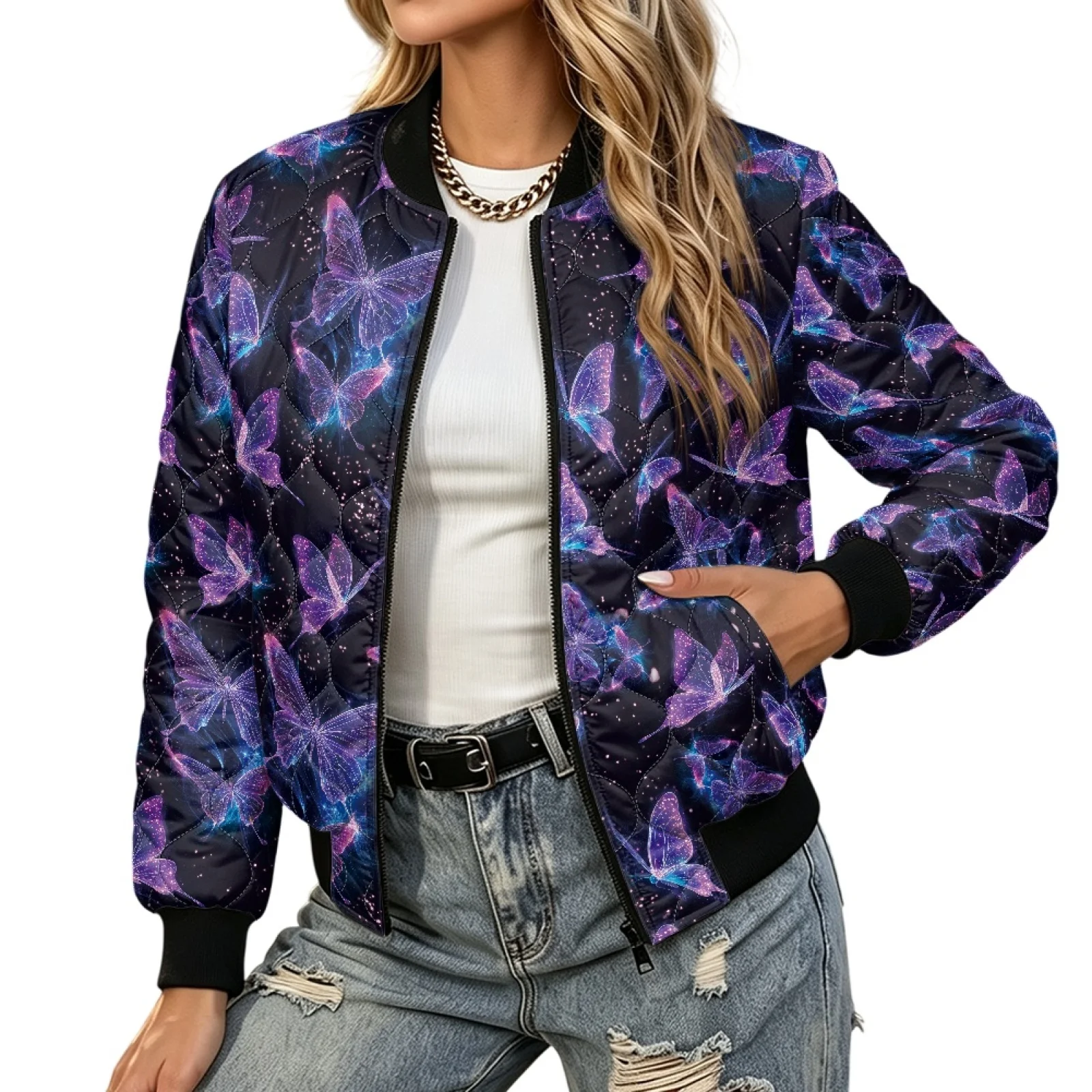 PENSTROLL Butterflies Women Casual Wear Padded Zipper Bomber Outerwear Windproof Quilted Puffer Jacket for Winter