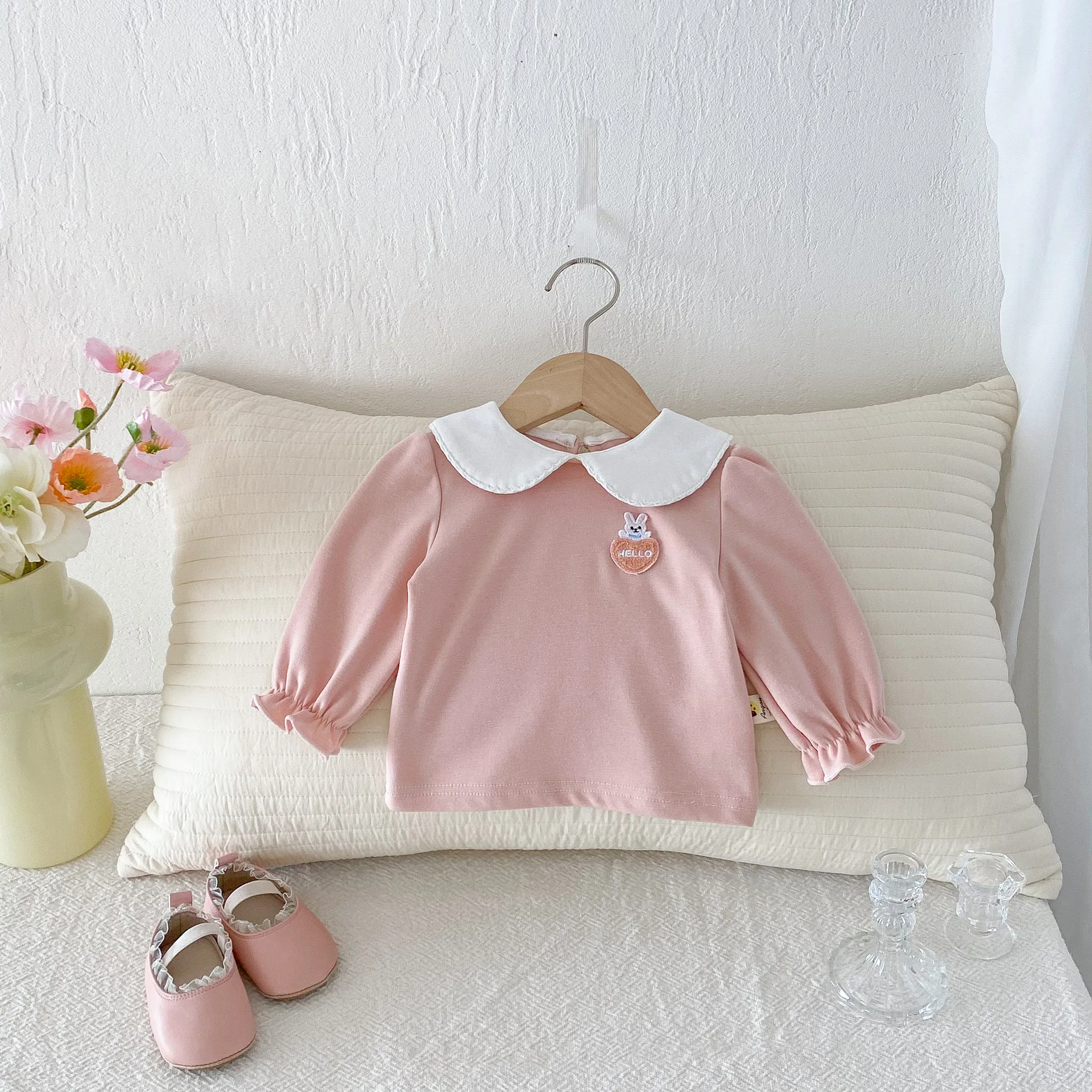 

0-3Y Cotton Long Sleeve T-shirt for Baby Girls Tee 2025 Baby Clothes Peter Pan Collar Rabbit Accent Soft Adorable Daily Top