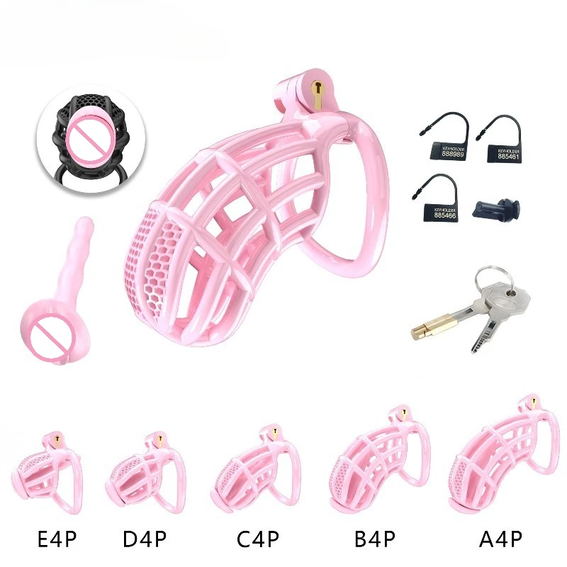 New Honeycomb Pink Male Chastity Cage 3D Printing Lightweight Penis Cock Cage Lock with 4 Base Ring BDSM Sex Toys for Men