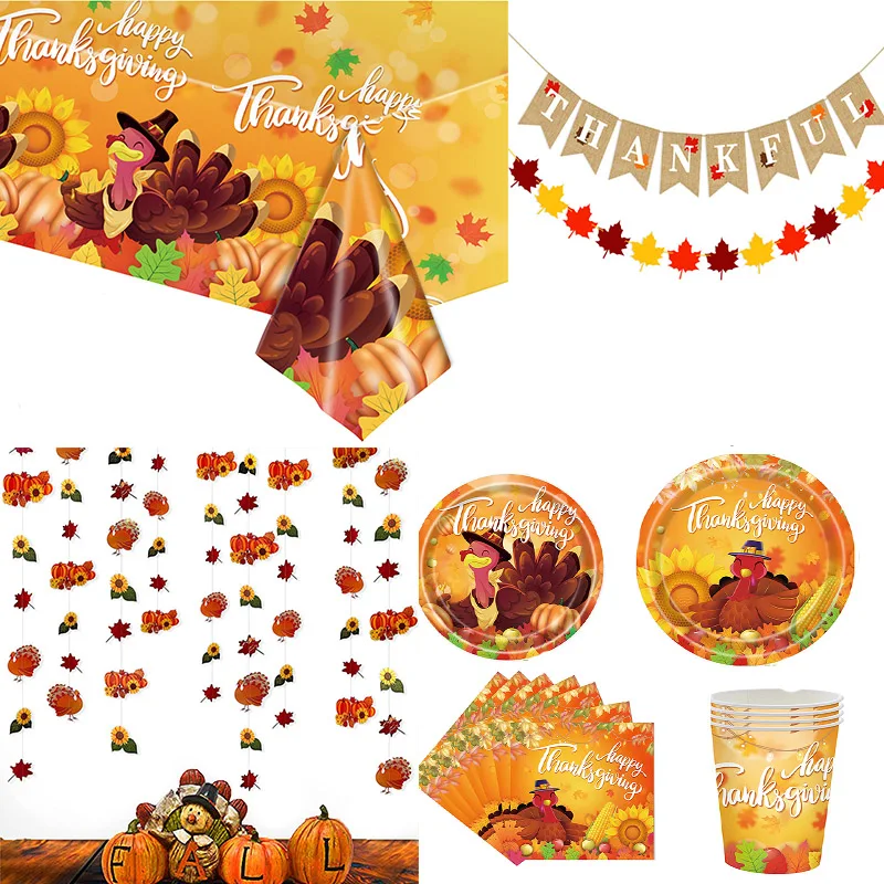 Thanksgiving Party Disposable Tableware Decorations Turkey Paper Plates Napkins Tablecloth Thanksful Fall Festival Home Supplies