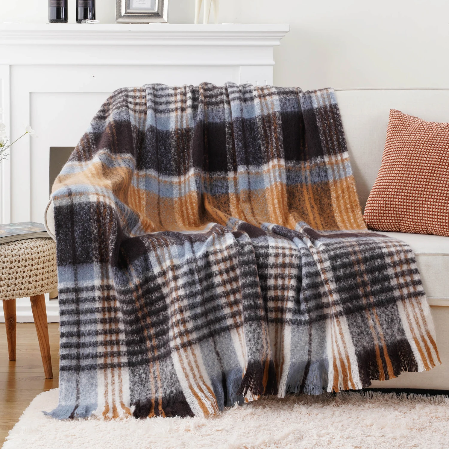 Battilo Plaid Throw Blanket for Home Decor, Colorful Mohair Tartan Plaid Blanket, Soft Cashmere Sofa Blankets,Fall Decor Throws
