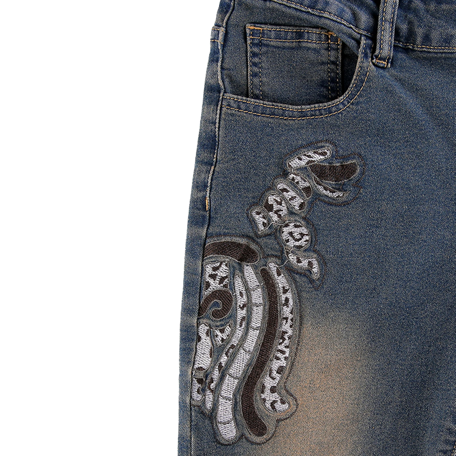 Combhasaki dames Y2K jaren 2000 jeans esthetische geometrische bloemenborduurwerk knop midden taille bell-bottom lange broek denim broek