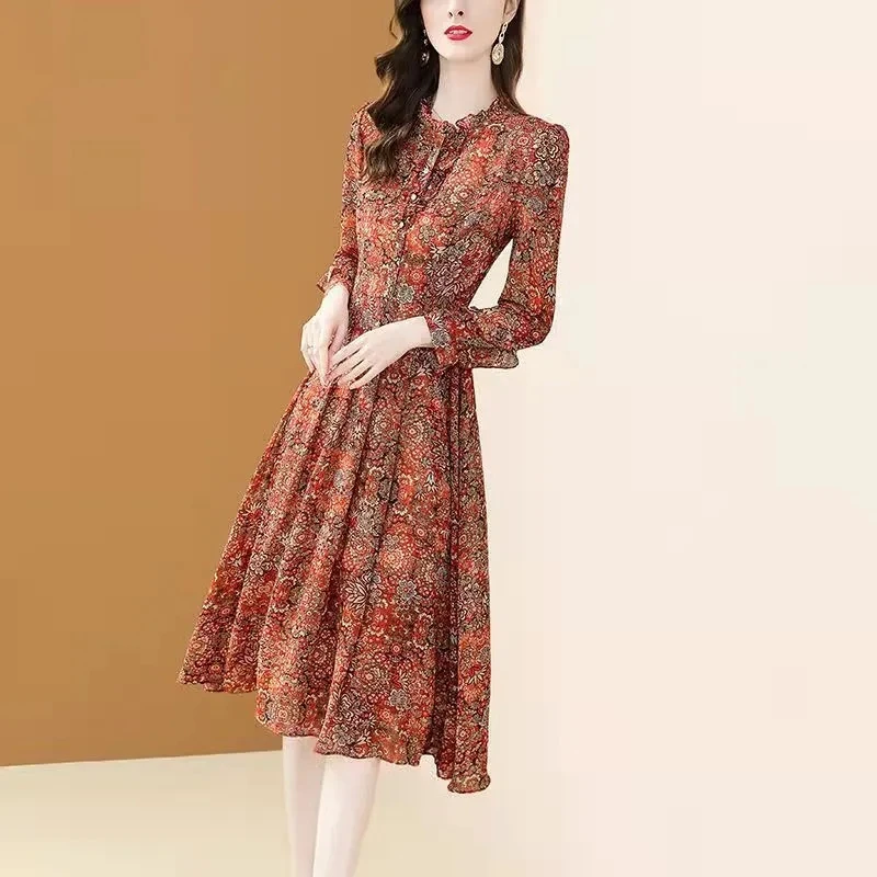 

New Dense Flower Chiffon Women's Dresses Fashion Mid Long Long Sleeve Loose External Wear Women Dress Vestidos Spring Autumn