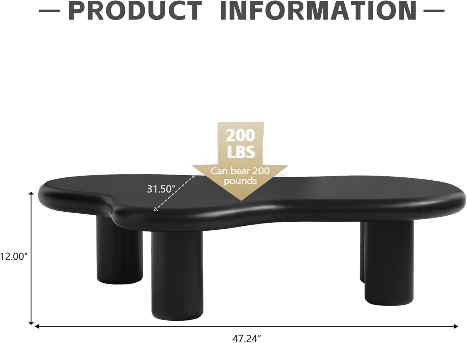 Modern Black Cloud Coffee Table, 47 inch Low Coffee Table with Thicken Round Edge and 4 Legs,Cute Cartoon Irregular Cloud Shape