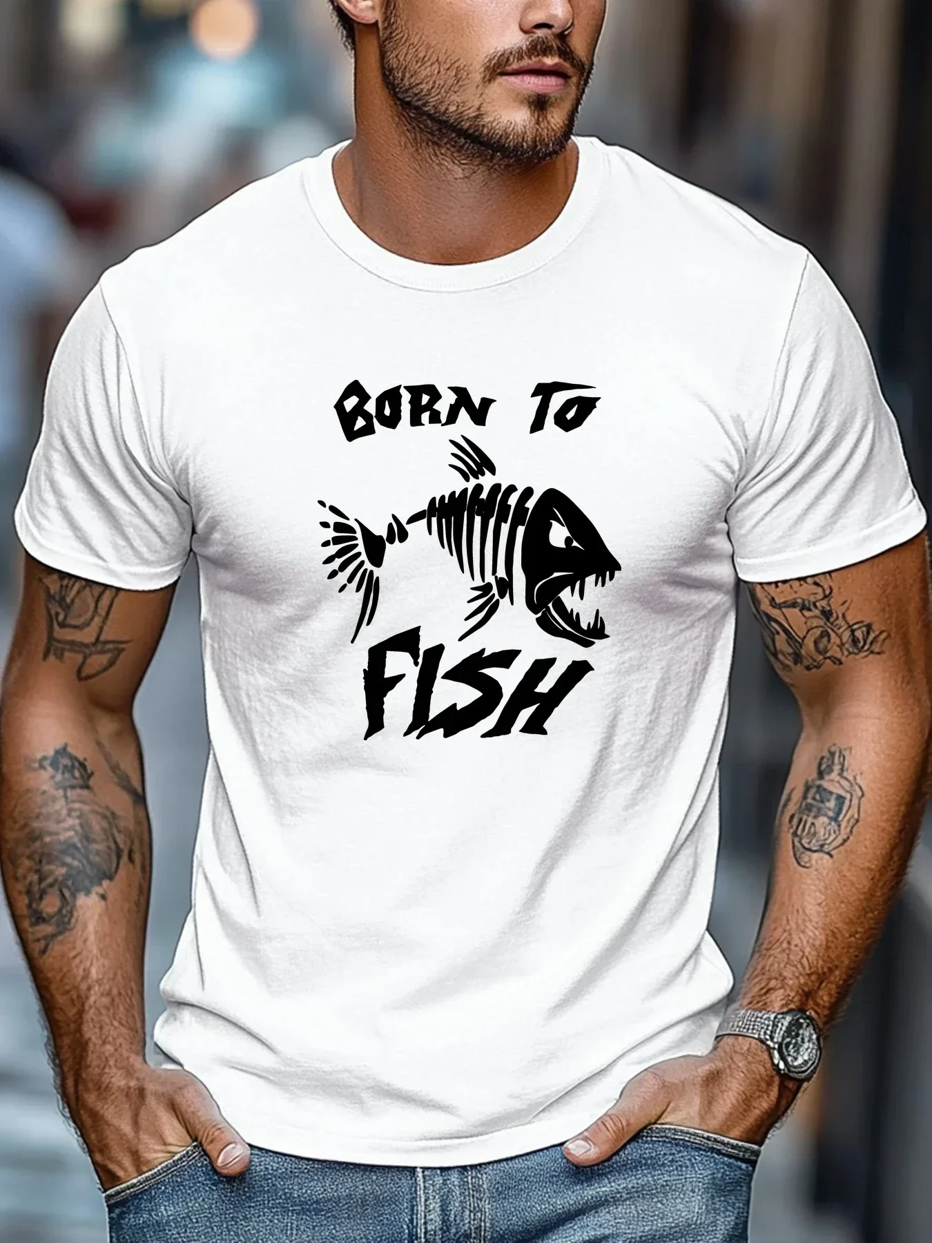 New Men Black Crew Neck Tee Born To Fish Angry Fish Skeleton Graphic Retro Fishing Hobby Outdoor Soft Cotton Male Casual Tops