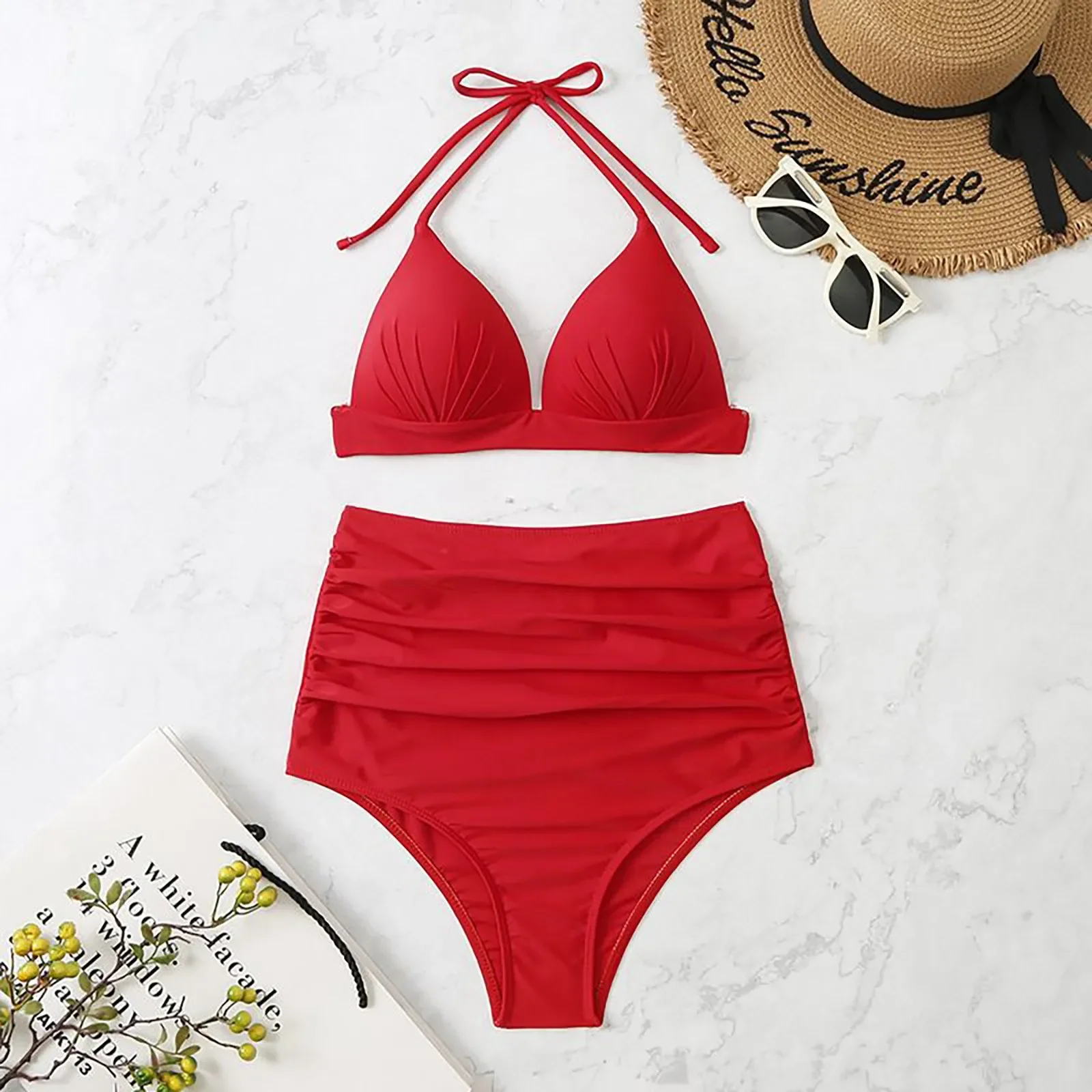 

Sexy Women's Red Push Up Bikini Sets 2025 Summer New High Waist Control Tummy Ruched Swim Shorts Two Piece Swimsuit Beachwear