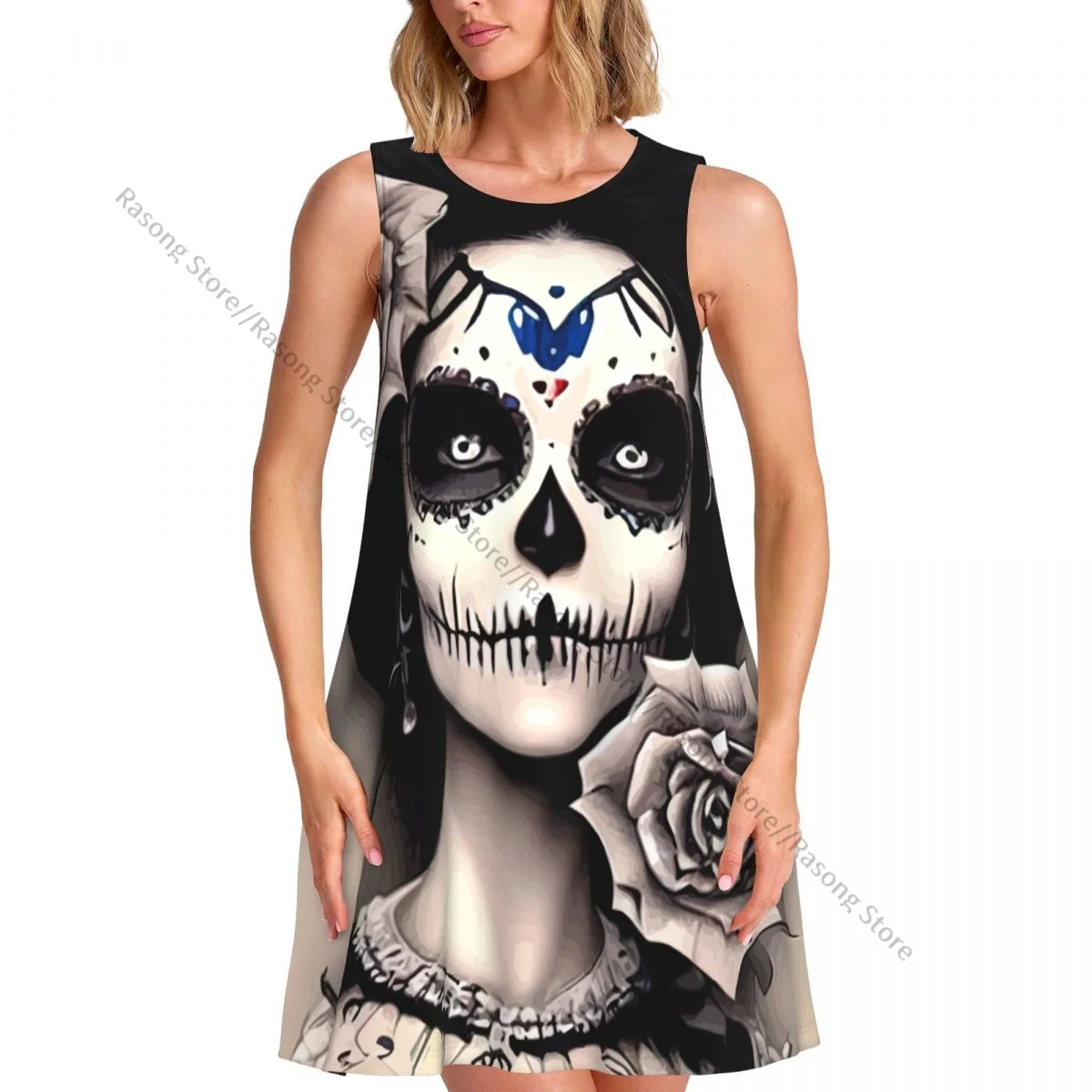Damenkleid Mexiko Totenkopf Frau Vintage Stil Sommer Casual T-Shirt Strand Cover Up Tank Kleid