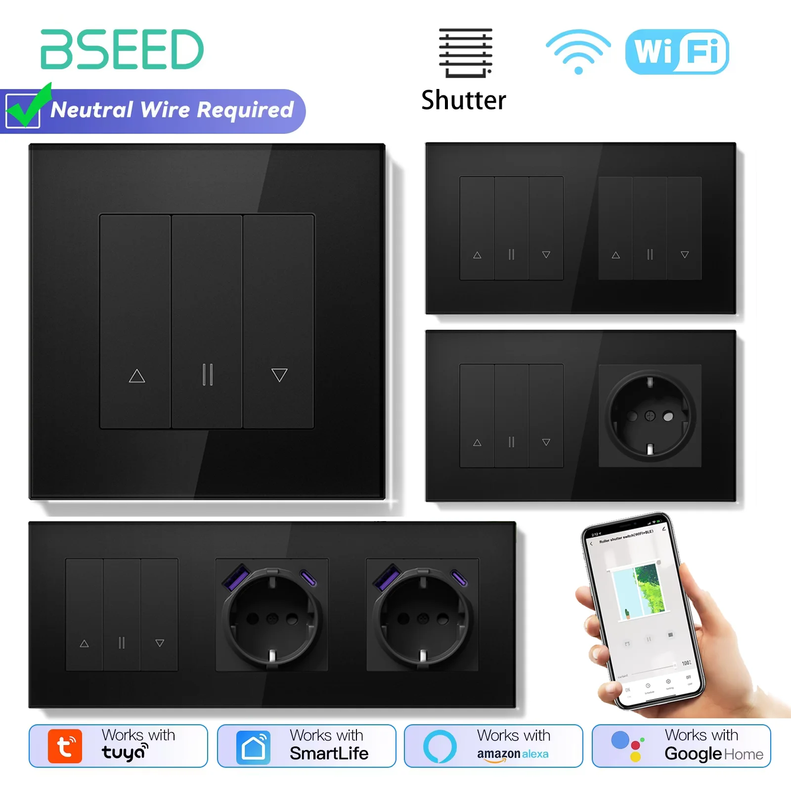 

BSEED Wifi Smart Shutter Switches Light Blinds Controller Support Tuya Smart App Plus Normal EU Power Sockets USBC Glass Panels