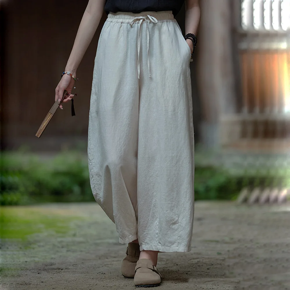 

Womens Wide Leg Pants Cropped Loose Elastic Waist Trousers summer tencel linen half-sleeved Blouse At home Retro Zen casual tops