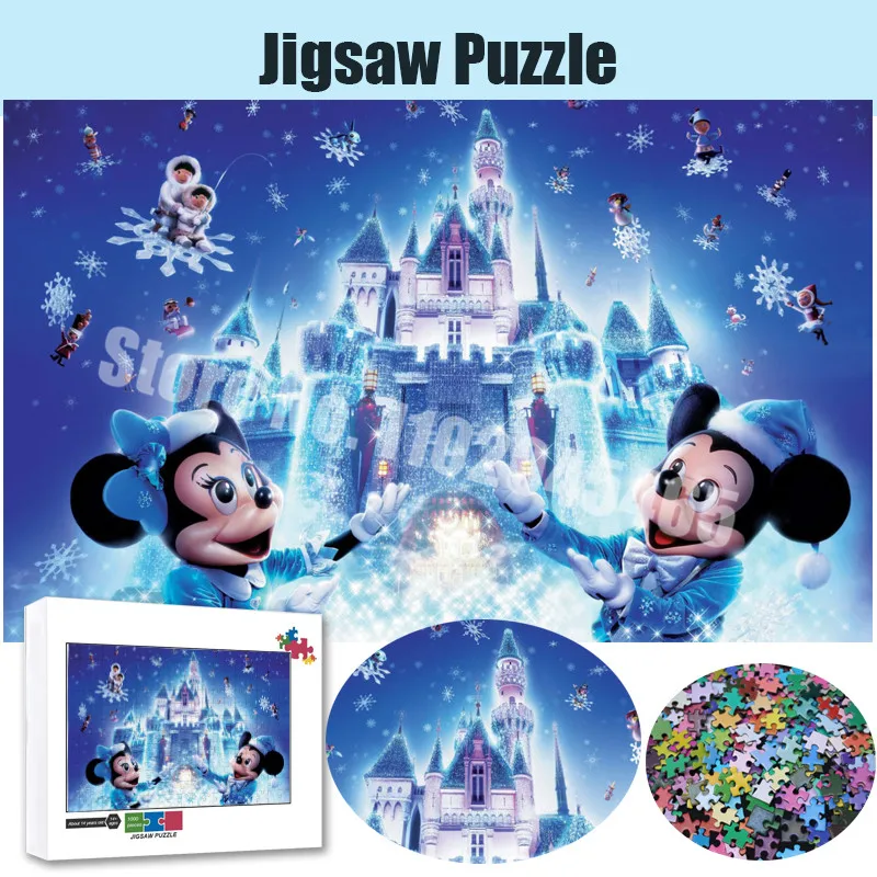 

Disney Cartoon Winter Snowing Castle Wooden Puzzles 35/300/500/1000 Pieces Mickey Mouse Minnie Mouse Jigsaw Puzzles Kids Toys