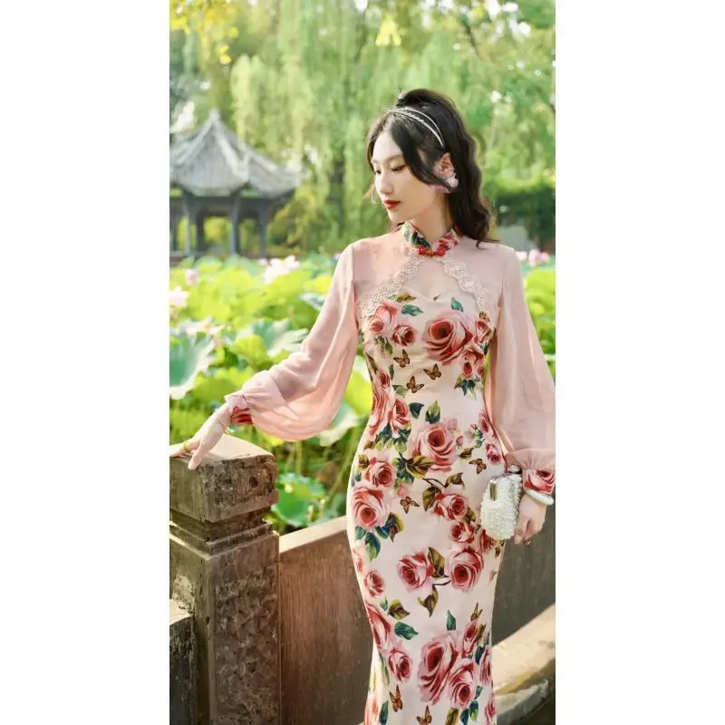 Chinese Style Improved Qipao Dress Spring New Vintage long-sleeved Women Elegant Rose Pink Modified Daily Cheongsam Dress