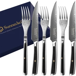 Sunnecko Forks and Steak Knives Set 73 Layers VG10 Damascus Steel Table Meat Slicing Knife Ultra Sharp Tableware Cutlery Tools