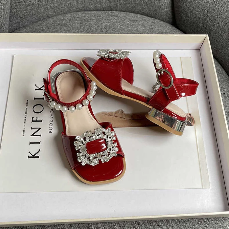 Girl's Sandals Crystal Beading Elegant Patent Leather Children Sliders Open Toe Low Heel Solid Color 26-36 Kids Summer Shoes
