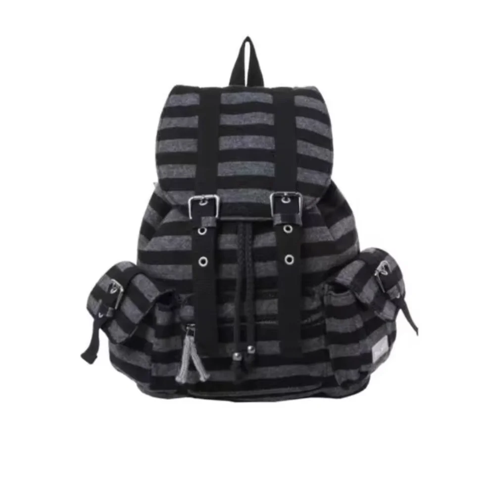 

Casual Korean Style Backpacks Flat Stripe Drawstring Design Bookbags Large Capacity Soft Tote Bags Unisex
