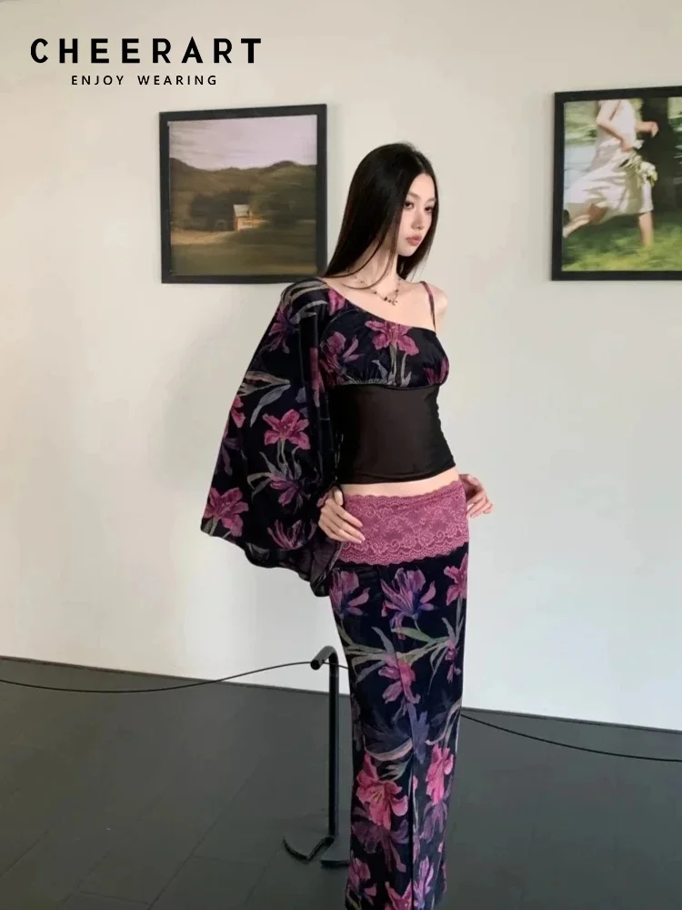 CHEERART Floral Velour Flocking Women'S Matching Sets Vintage Off Shoulder Top And Skirt 2 Piece Set Elegant Outfits Two Piece