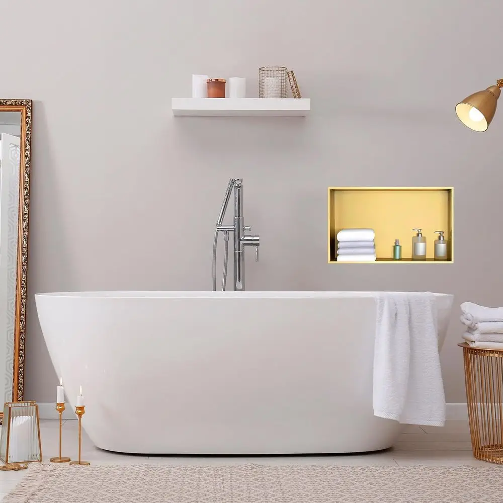 24 x 12 Brushed Gold Shower Insert: Waterproof, Space-Saving, Easy to Install, Built-in Storage