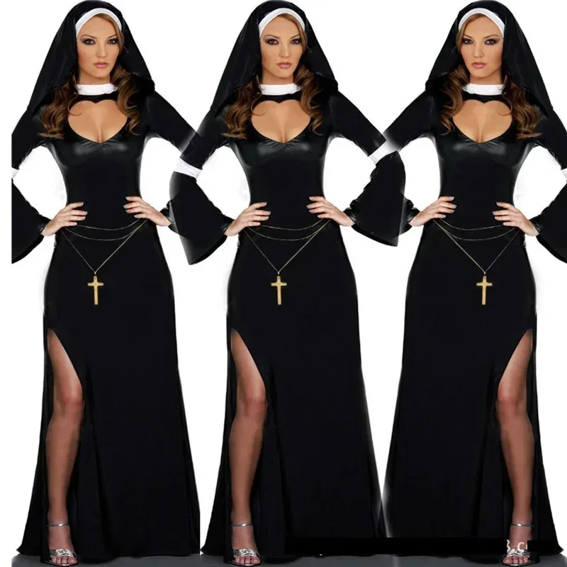 Rétro chaud Sexy Halloween carnaval Cosplay missionnaire Costume adulte femmes religieuse soeur prêtre nonne déguisement longues Robes NM28