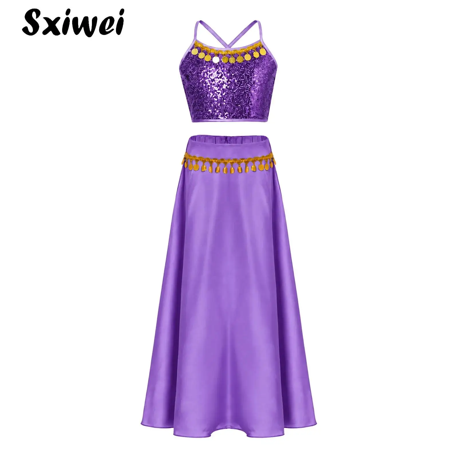 Conjunto de Danza del Vientre India para Niñas, Top Corto Ajustable con Lentejuelas y Borlas, Falda de Satén, Disfraces de Princesa Árabe para Halloween