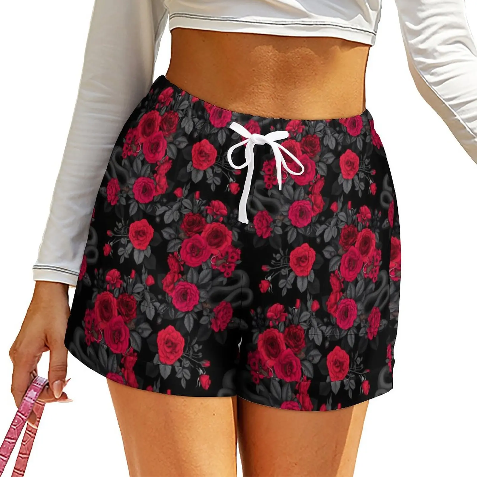 Rose Floral Shorts Red Flowers Trendy Shorts Summer Custom Short Pants With Pockets Street Fashion Bottoms Big Size 2XL 3XL