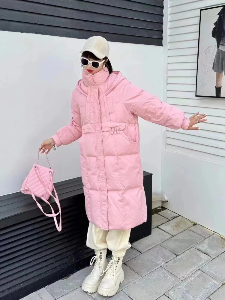 Winter Women Solid Long Coats Stand Collar Hooded Long Down Jacket  Winter Thick Warm Korean White Duck Down Coats Casual Parkas