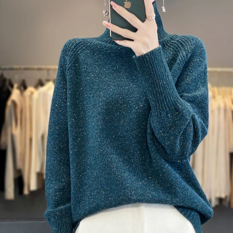 Winter Large Loose Women Knitted Pullover Golden Bean Wool Sweater High Neck Raglan Sleeve Thick Warm High quality Fashion Tops