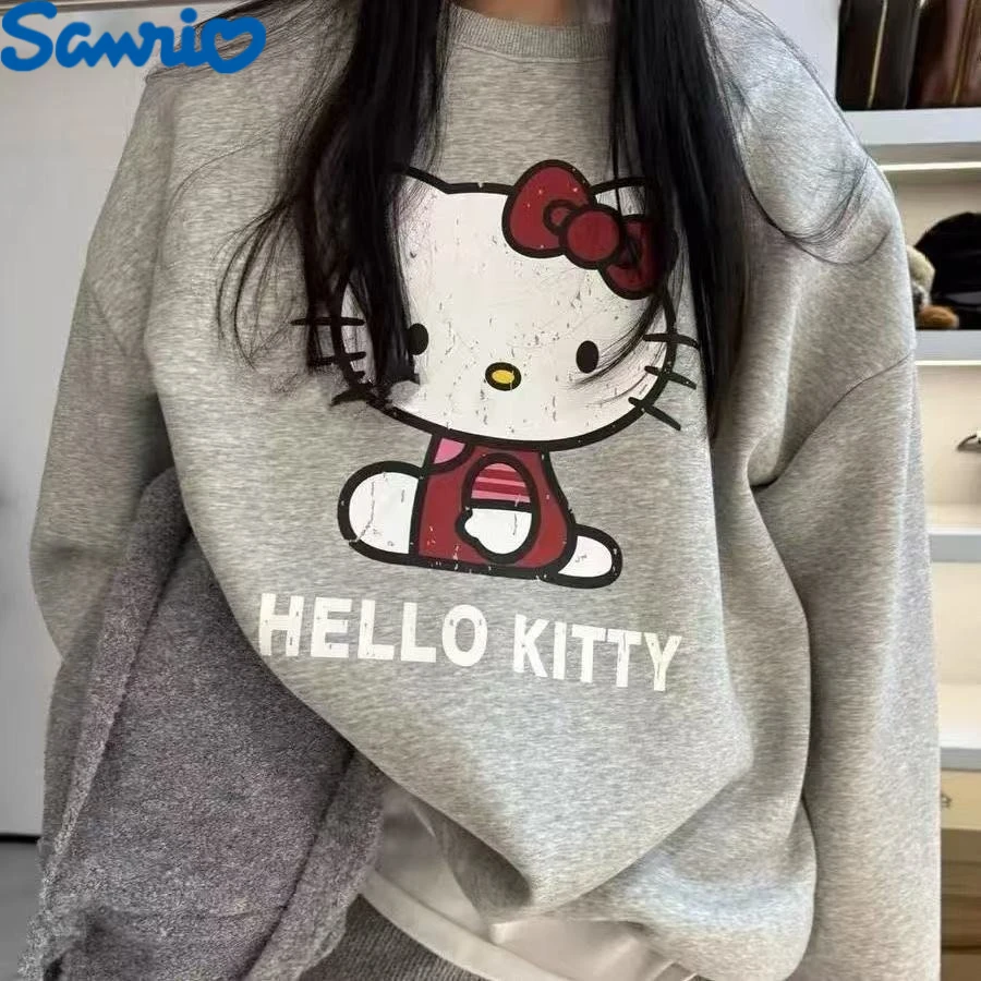 Sanrio hello kitty versão na moda dos desenhos animados impressão feminina outono inverno em torno do pescoço hoodie para mulher manga comprida pullovers versáteis