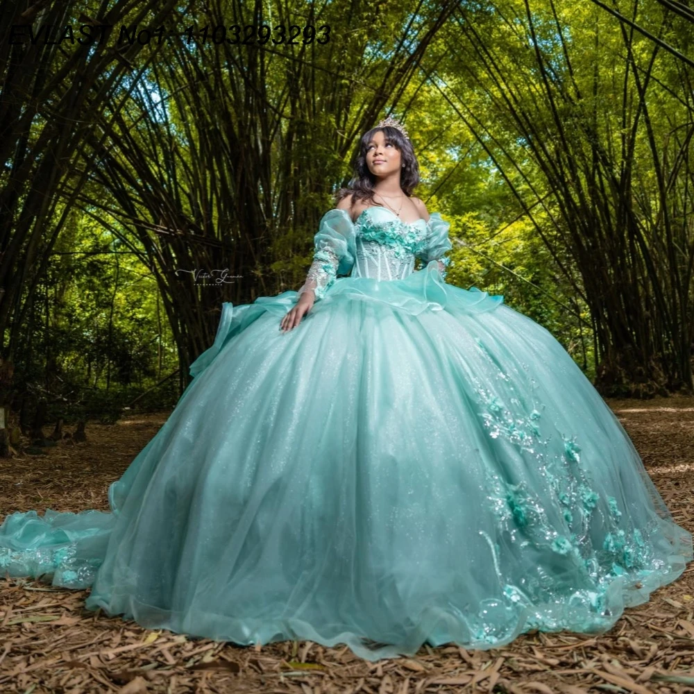 EVLAST Customized Sparkly Sage Green Ball Gown Quinceanera Dress Lace Applique Beading Sweet 16 Vestidos De 15 Anos E1QN294