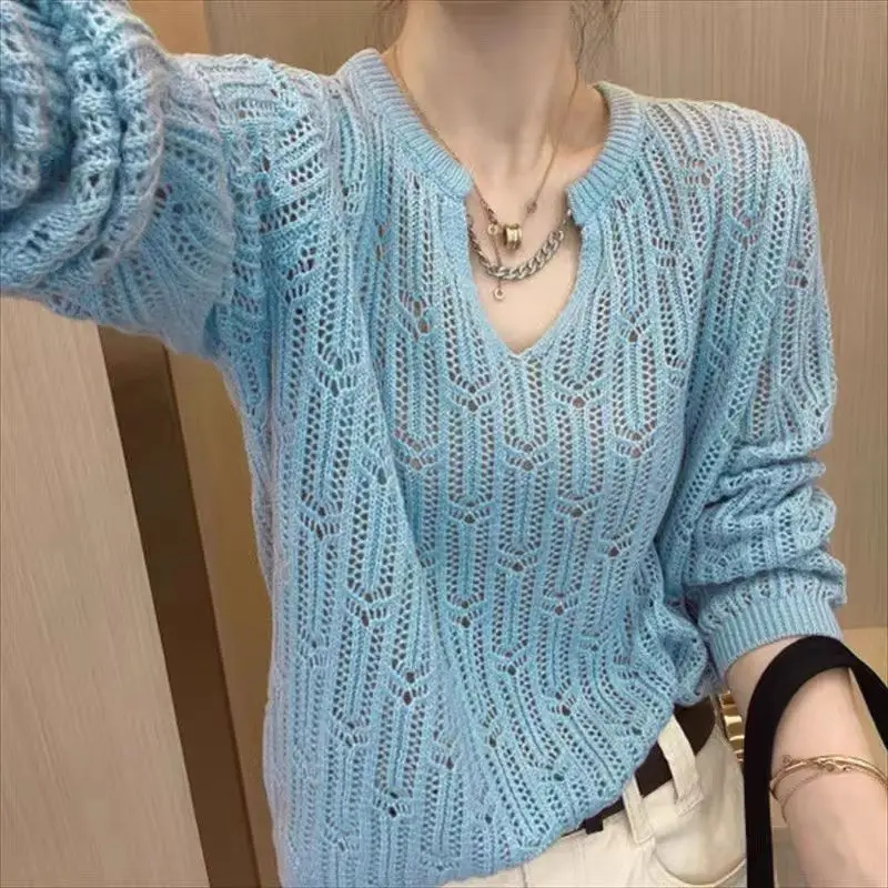 Fashion Slimming Pullover Solid Hollow Out Long Sleeved Knitted Sweater Women\'s Spring Autumn Winter Hook Flower Base Shirt Top