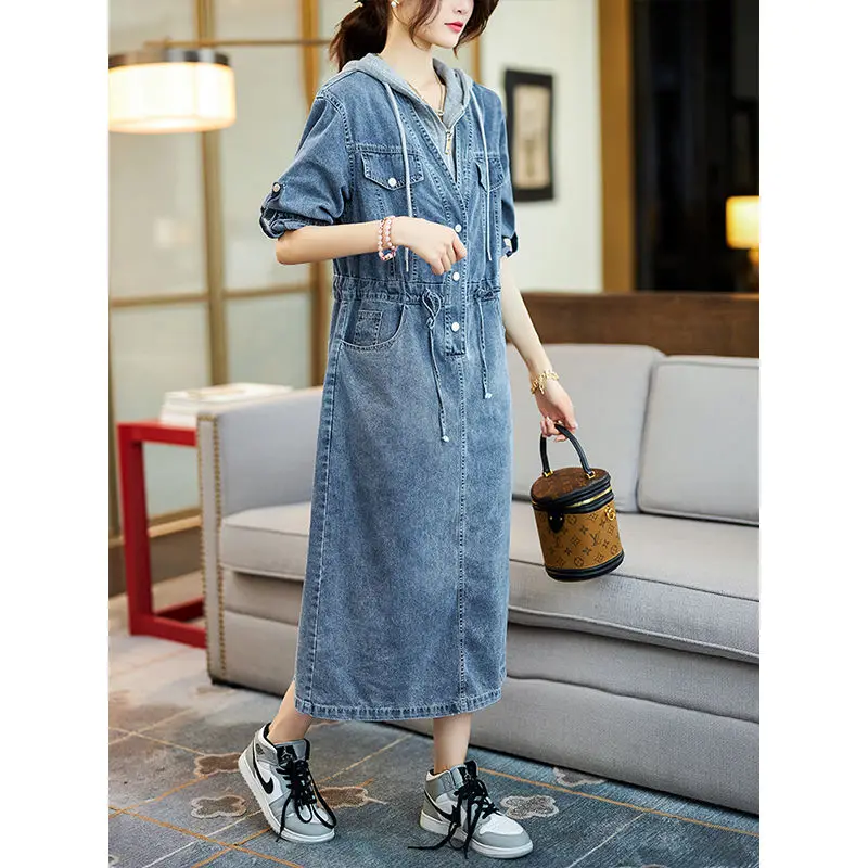 

Women's Summer Dress Cowboy Hooded New Vintage Simple Loose Casual Design Advanced Fashion Advanced Soft Niche Versatile Skinny