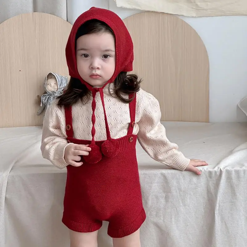 

2024 Baby Girl Clothes Autumn Solid Color Long Sleeves Knitwear Top Knitted Suspender Shorts Two Piece Sets Girl Sweater Set