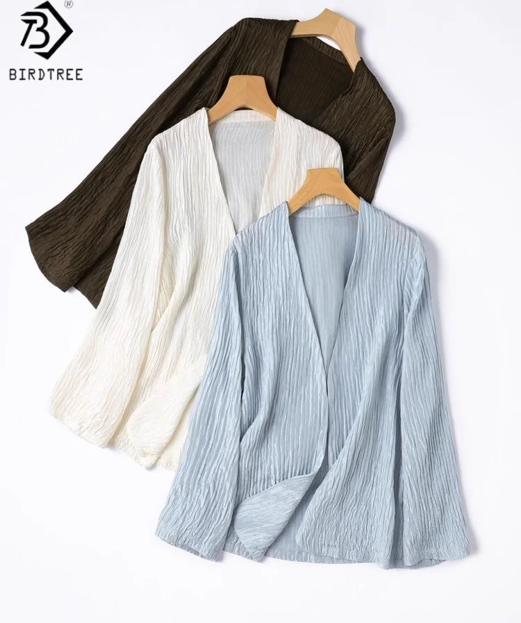 

Birdtree 93% Silk 7% Spandex Coat,Women Bubble Wrinkles Double-layer Composite Folds V-neck Loose Cardigan SuitC58733JF