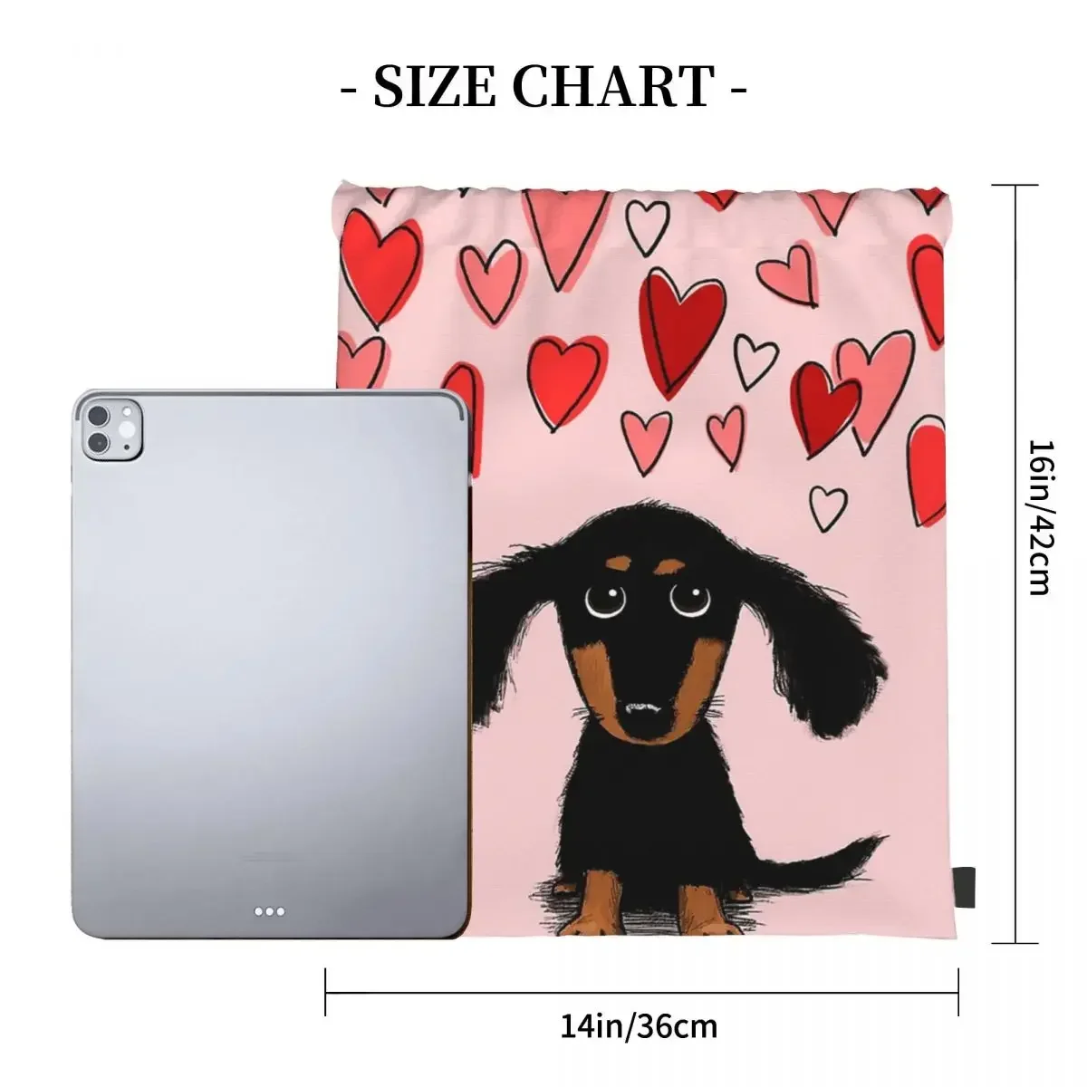 Cute Dachshund Puppy Dog With Valentine Hearts Backpacks Portable Drawstring Bags Drawstring Bundle Pocket Sundries Bag BookBag