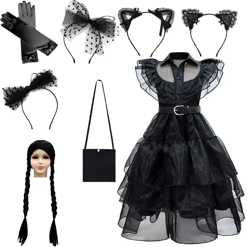 

Wednesday Style Kids Gothic Cosplay Costume Black Dress with Wig and Bag Set for Girls Halloween Party Outfit