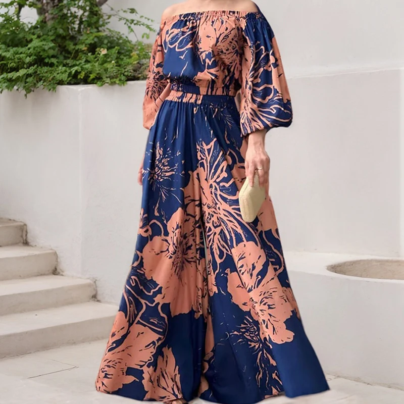 

Elegant Floral Printed Two Piece Sets Sexy Off-The-Shoulder Lantern Sleeve Top And Elastic Waist Wide-Leg Pant Suit For Women
