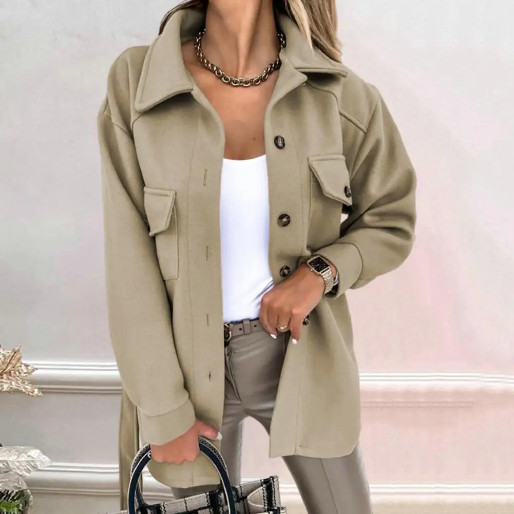 Manteau d'hiver chaud et élégant pour femme, coupe couvertes, col rabattu ceinturé, fermeture à boutons, poche poitrine pour femme