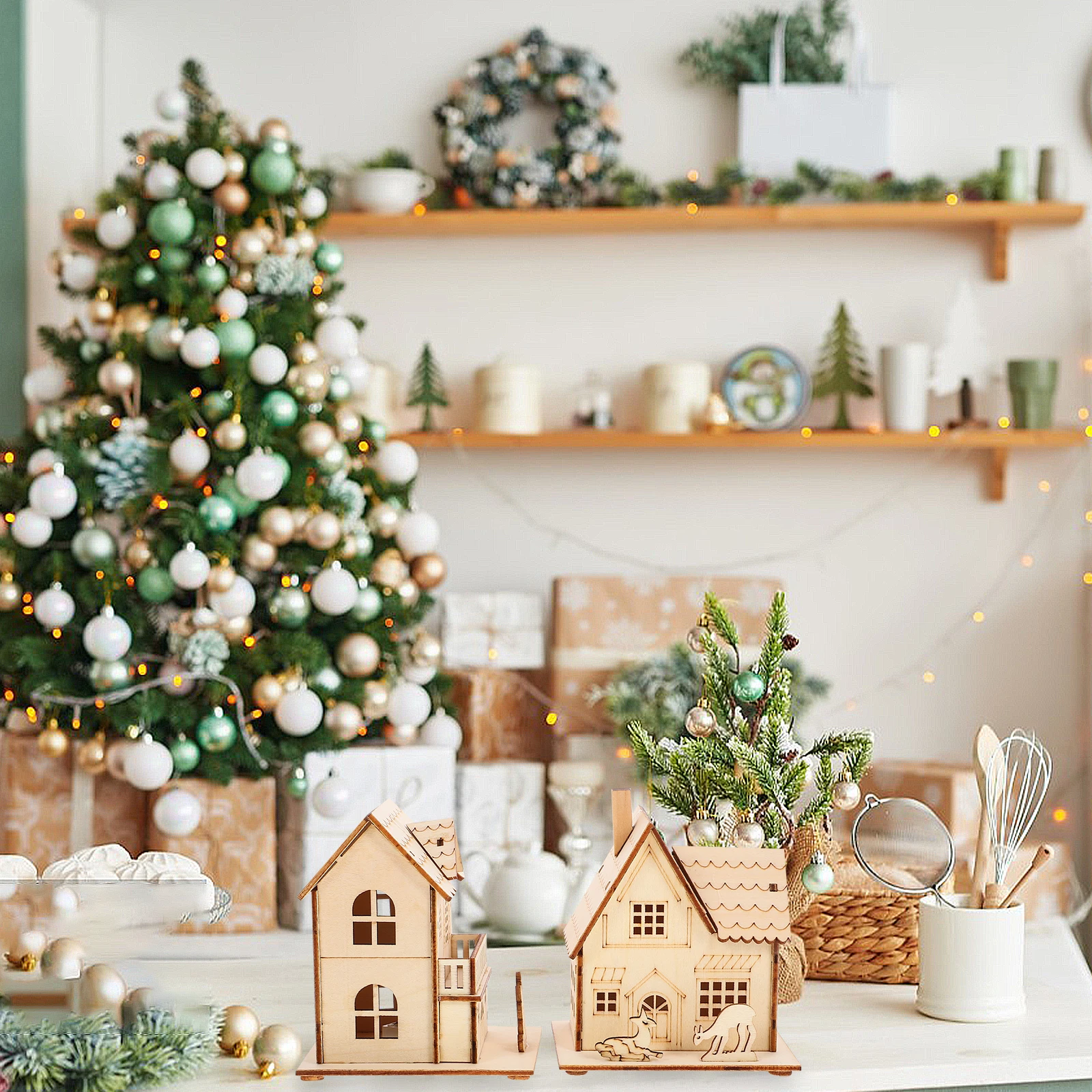 

3pcs Wooden Luminous Cabin naments Christmas Decor Greenhouse Plants Indoor Garden Statue Sculpture Festive Adornment