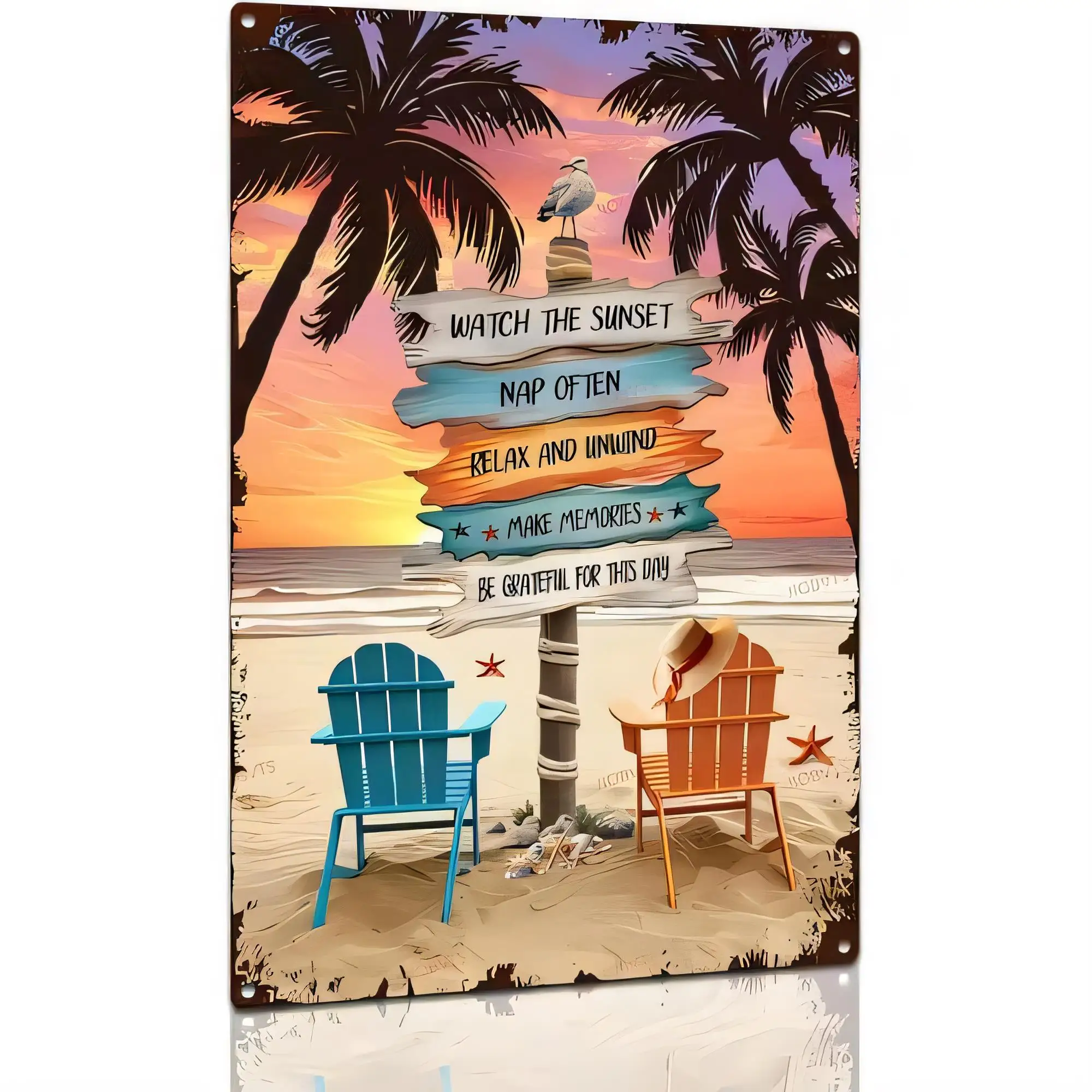 Tin Sign Watch The Sunset Nap Often Relax And Unwind Be Grateful For This Day Vintage Beach Palms Ocean Seaside Poster Plaque Wa