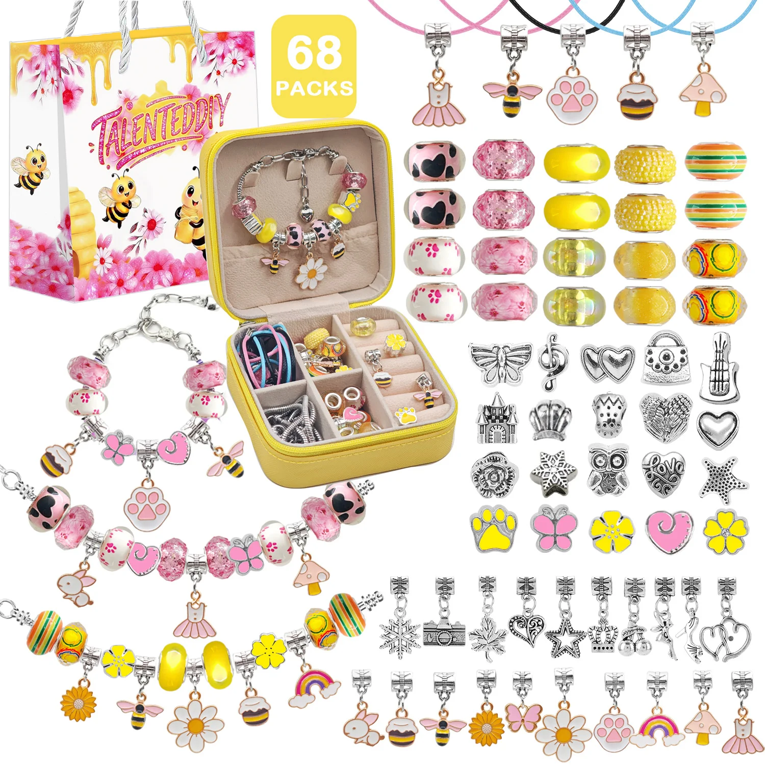 New 68Pcs Yellow Bee Charm Bracelet Neckalce DIY Handmade Jewelry Making Kit With Beads Pendants with Jewelry Box and Gift Bag