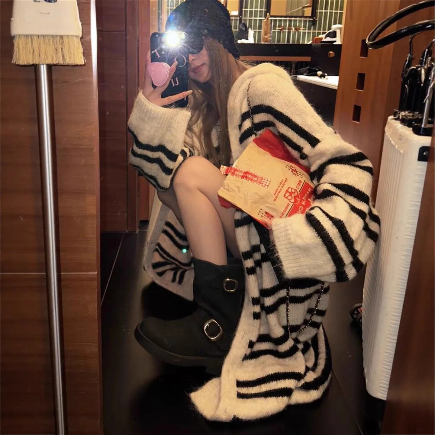 

Autumn and Winter New Hooded Striped Sweater Jacket Women's Top Loose Lazy Long Knitted Cardigan