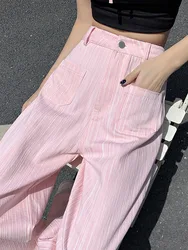 Pink Casual Wide Leg Pants Women 2024 New High Waisted Korean Fashion Straight Pants Striped Vintage Full Length Trousers