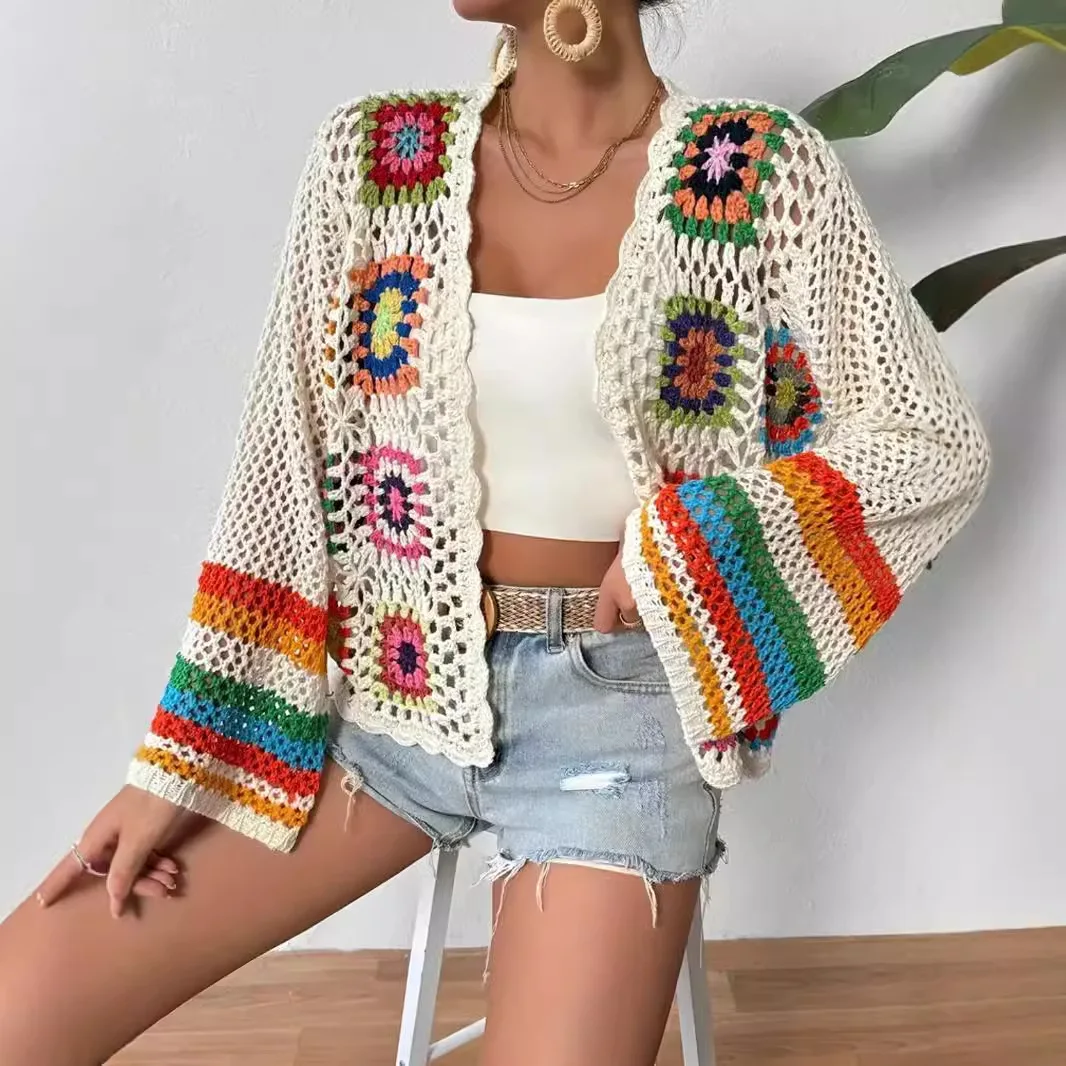 Handmade Crochet Knitted Cardigan Sweater For Women Long Sleeved Top Spring Autumn Bohemian Colorful Pullover Sweaters Jacket