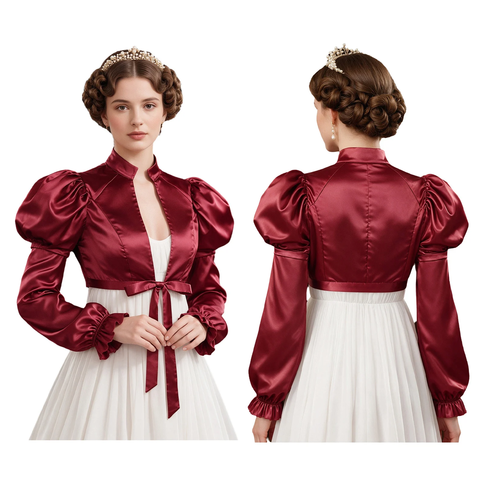 Women Halloween Medieval Renaissance Vampire Cosplay Costume Puff Sleeve Lace Satin Vintage Victorian Gothic Bolero Shrug Shawl